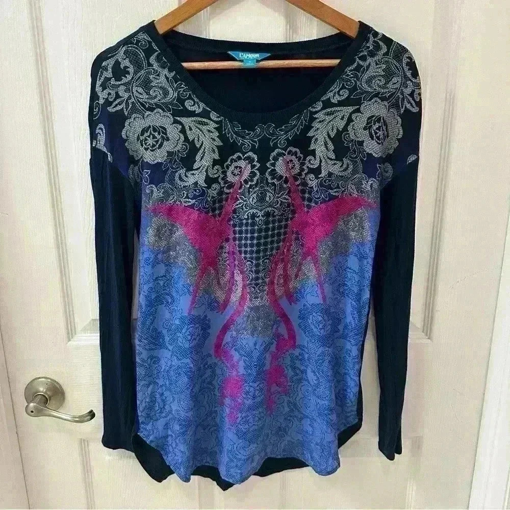 L’Amour Nanette Laporte Multicolor Colorful Pullover Long Sleeve Shirt Small
